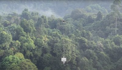 A drone delivers a data collection device