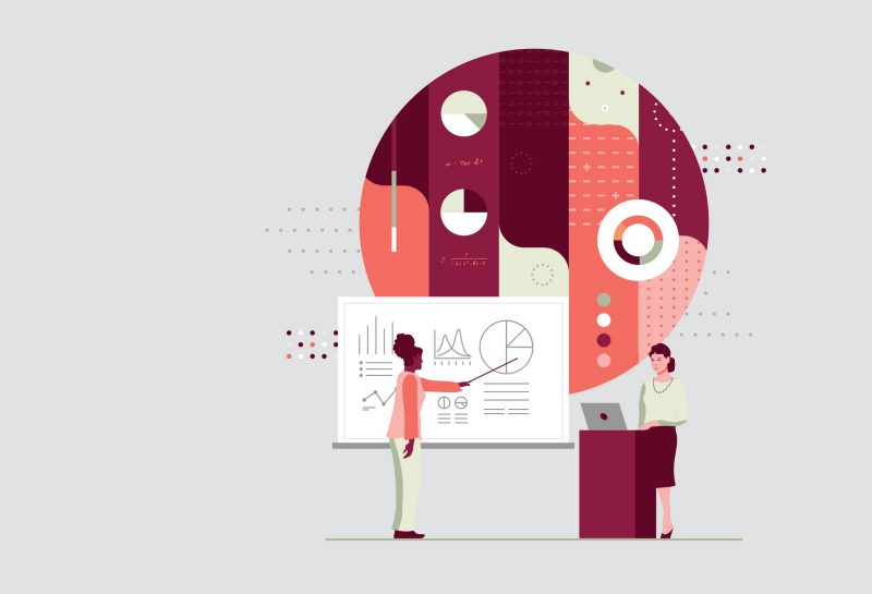 illustration of black female pointing at chart on whiteboard and brunette female stands a lecturn; data imagery in background
