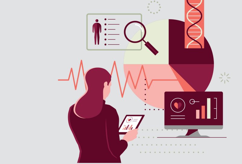 illustration of back of woman analyzing health data and data drawings surround her