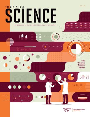 illustration of male and female scientists in lab coats analyzing abstract data