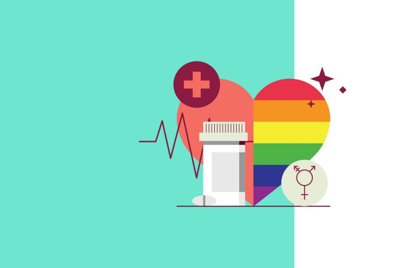Illustration of heart with LGBTQ rainbow stripes, health symbols, and LGBTQ symbol