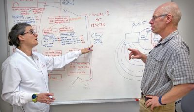 Finkielstien and Helm talk to each other and point at a whiteboard in background