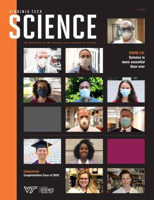 VT Science masthead for 2020 with tiles of photos of faculty and students like a Zoom screen