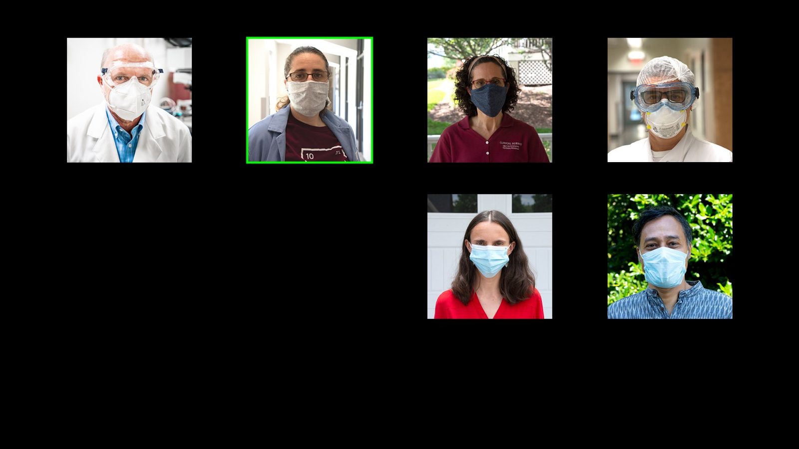 six faculty members in masks are shown in squares to resemble a Zoom meeting