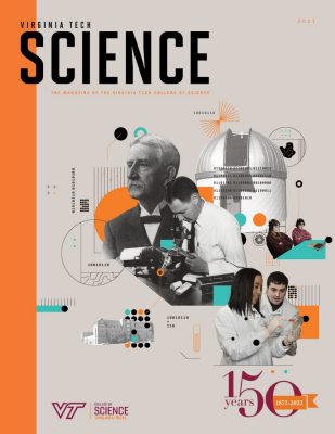 VT Science masthead for 2021 with illustration and photos of notable science faculty, staff, students over time from black and white to color