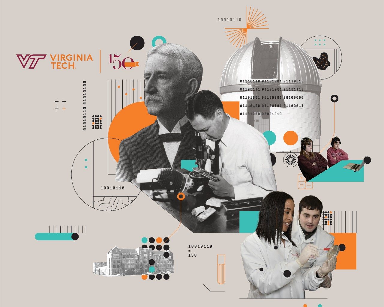 VT 150 logo with illustration and photos of notable science members over time ranging from black and white to color