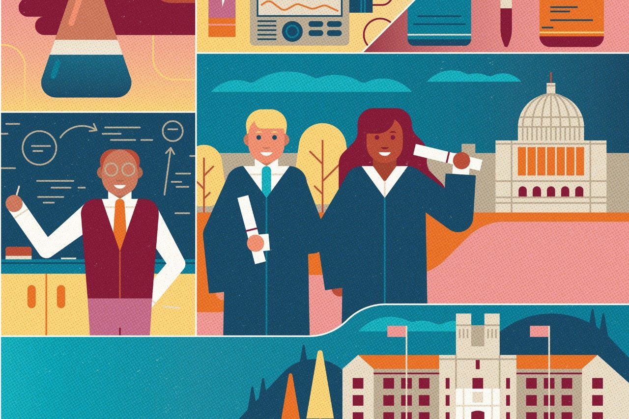 illustration of professor, students graduating, and academic buildings