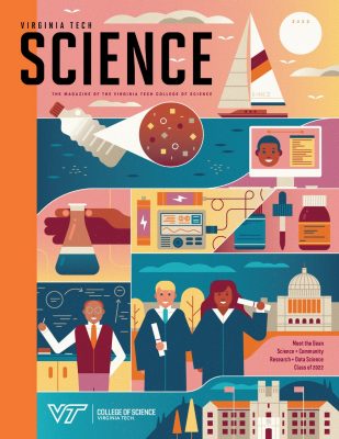 VT Science masthead for 2022 with illustrations of water testing, data collection, teaching, and graduation