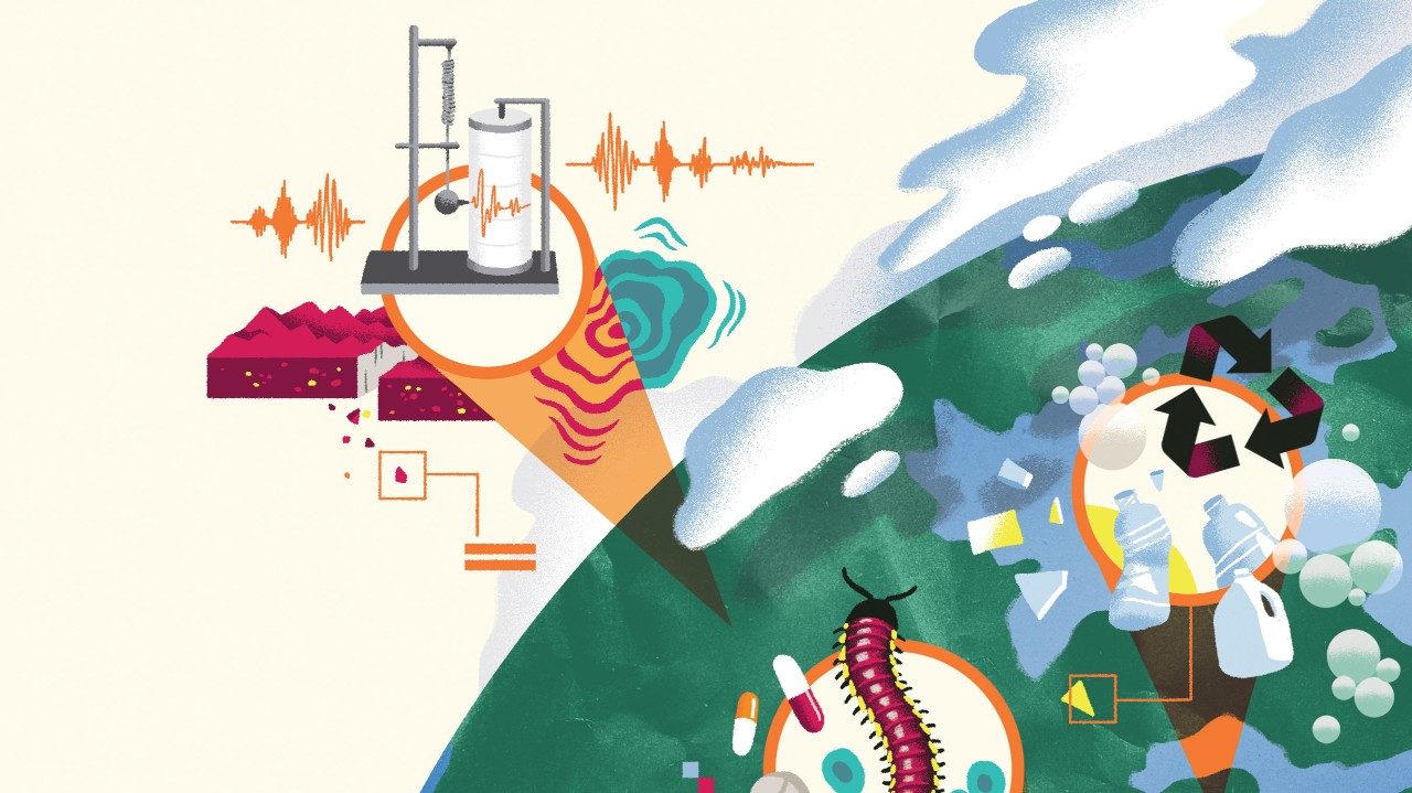 illustration of the earth with callouts to different areas of research from plastics to tires