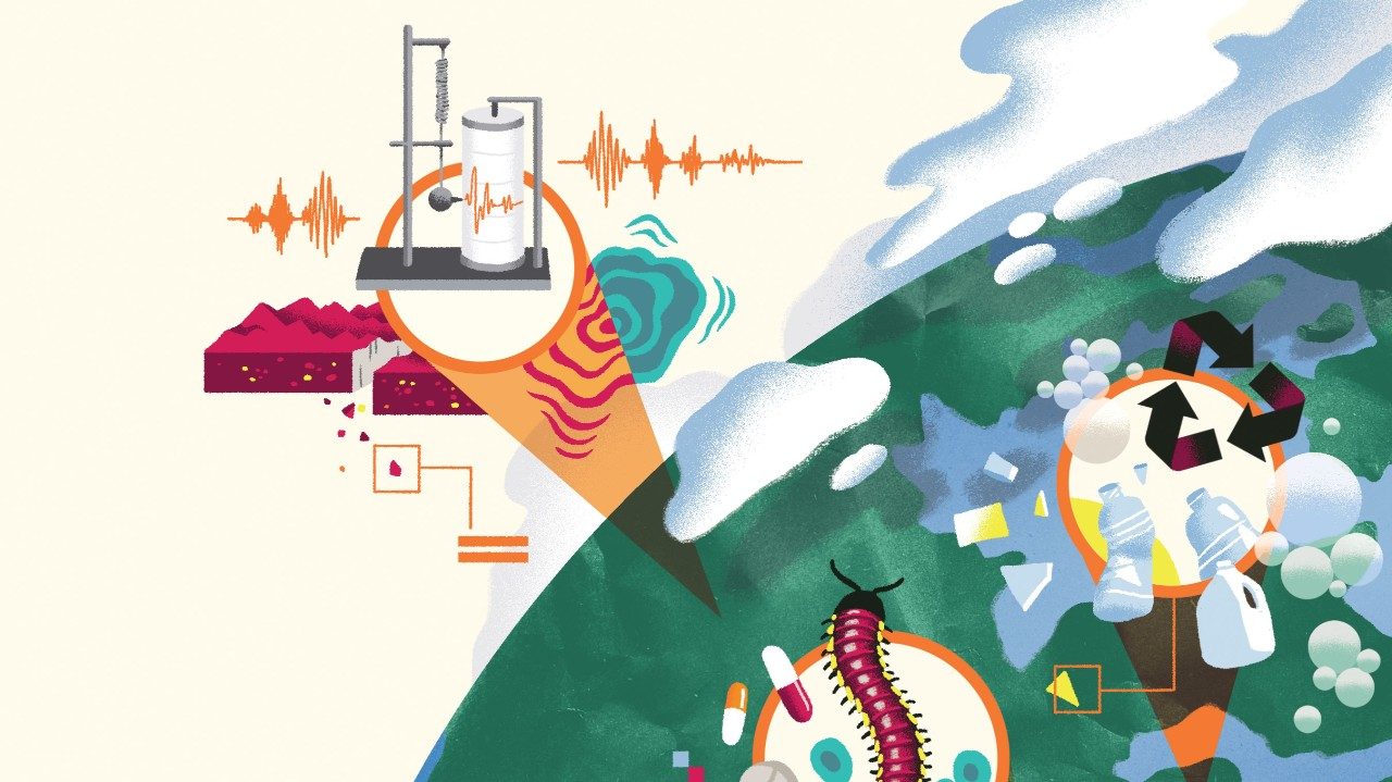 illustration of the earth with callouts to different areas of research from plastics to tires