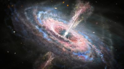 artist rendition of quasar outflows in space