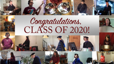 The Blacksburg PamJammers, comprised of many Virginia Tech faculty and staff, perform a virtual stay-at-home rendition of Pomp and Circumstance for the graduating Class of 2020. A screen-captured image shows members in their own collected screenshots performing the well-known song.