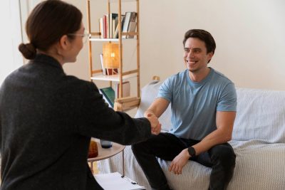 man talking to a woman in an office. Image courtesy of Pixabay. 