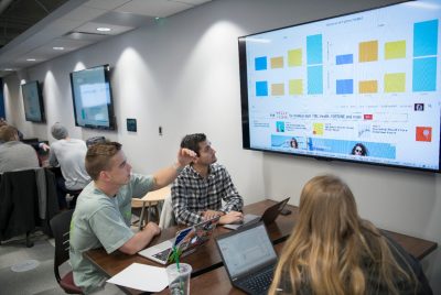 students sit at table and look at screen with data