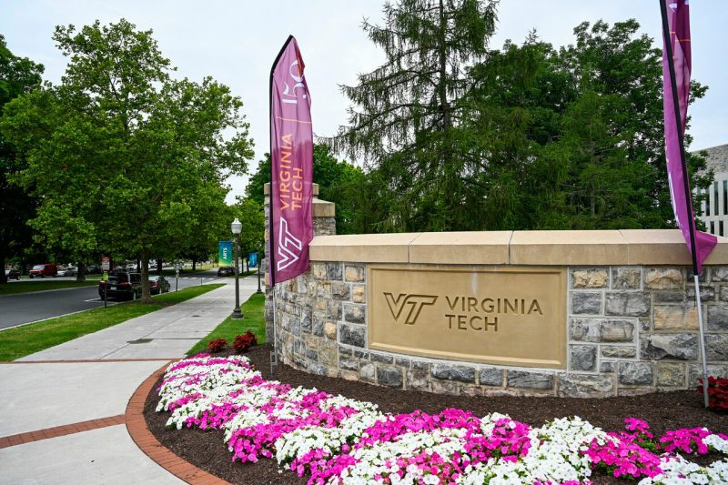 150th flags frame Virginia Tech main entrance