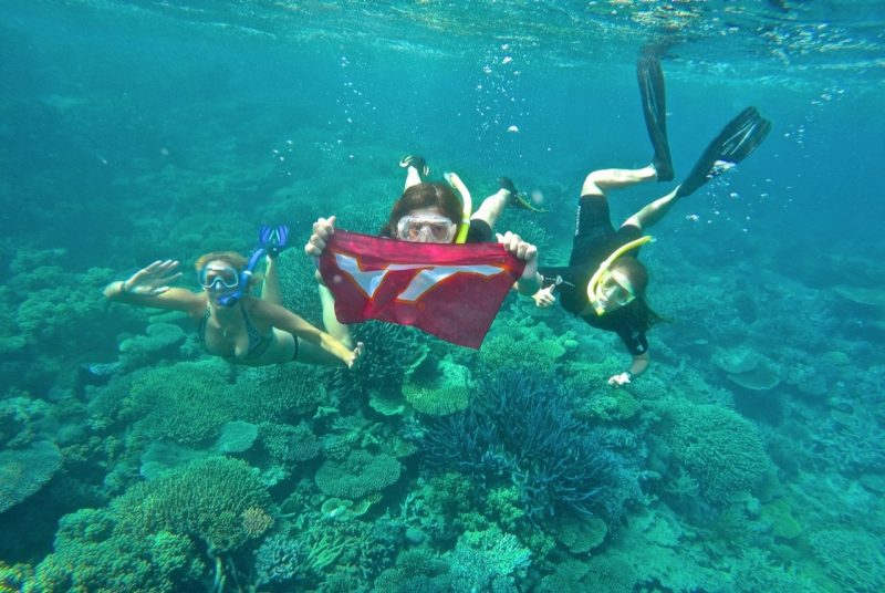 3 girls scuba diving in a coral reef with Virginia Tech flag on study abroad trip to New Zealand