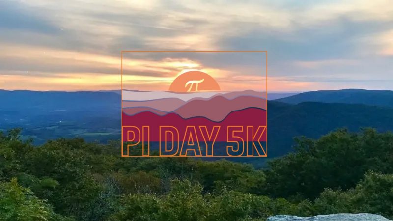 photo of bald knob with sunset and graphic mountains with Pi Day written overtop