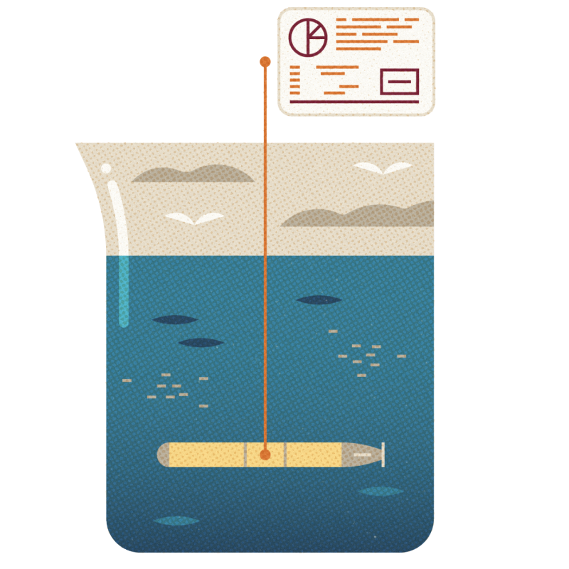 illustration of testing water in a beaker with a yellow submarine