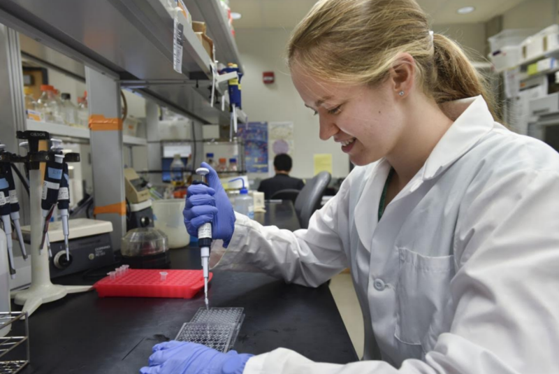 Esther wearing lab coat and blue nitrile gloves pipettes into PCR tray on lab bench