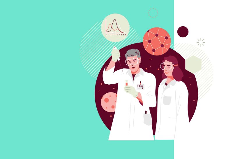 illustration of white male with gray hair and white, brunette female in lab coats and goggles pipetting with science symbols surrounding them