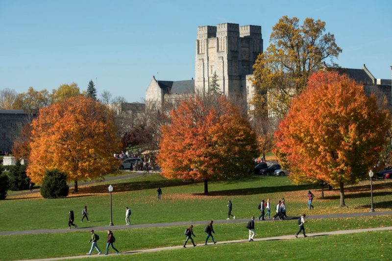 sunny view of Burruss Hall and drillfield surrounded by orange autumn leaves