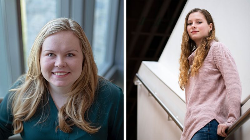 Lauren Haacke (left) on stairs looking up at camera and Amber Abbott (right) leaning on stair railing and looking down at camera