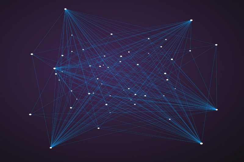 abstract technology drawing with connected lines and dots in a dark void