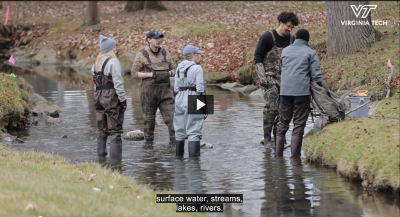 video cover of students taking water samples in a creek