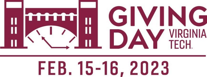 A maroon graphic of Torgersen Bridge with the text, Giving Day, Virginia Tech, and the dates Feb. 15-16, 2023.