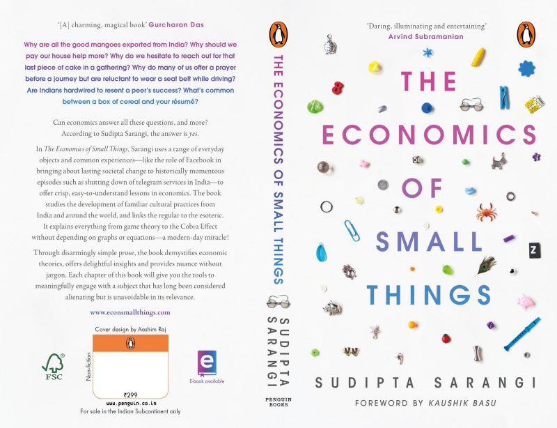 The front and back cover of "The Economics of Small Things."  The cover, with a white background, shows small objects - a paper clip, a pencil, a crab, dozens more -  surrounding the the text of the title.