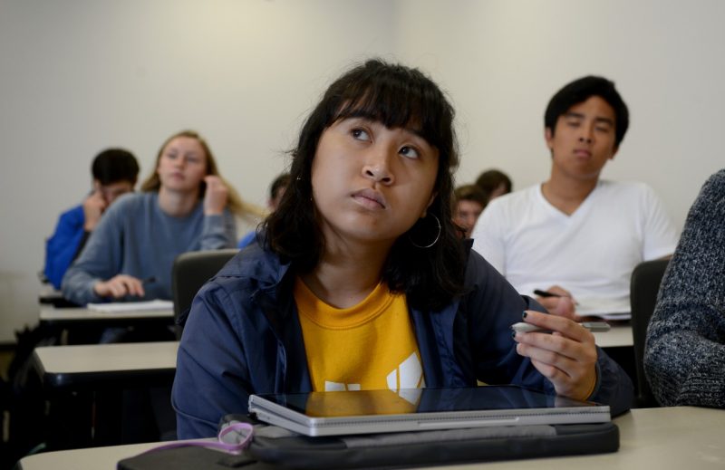 Female student look up wonderingly.